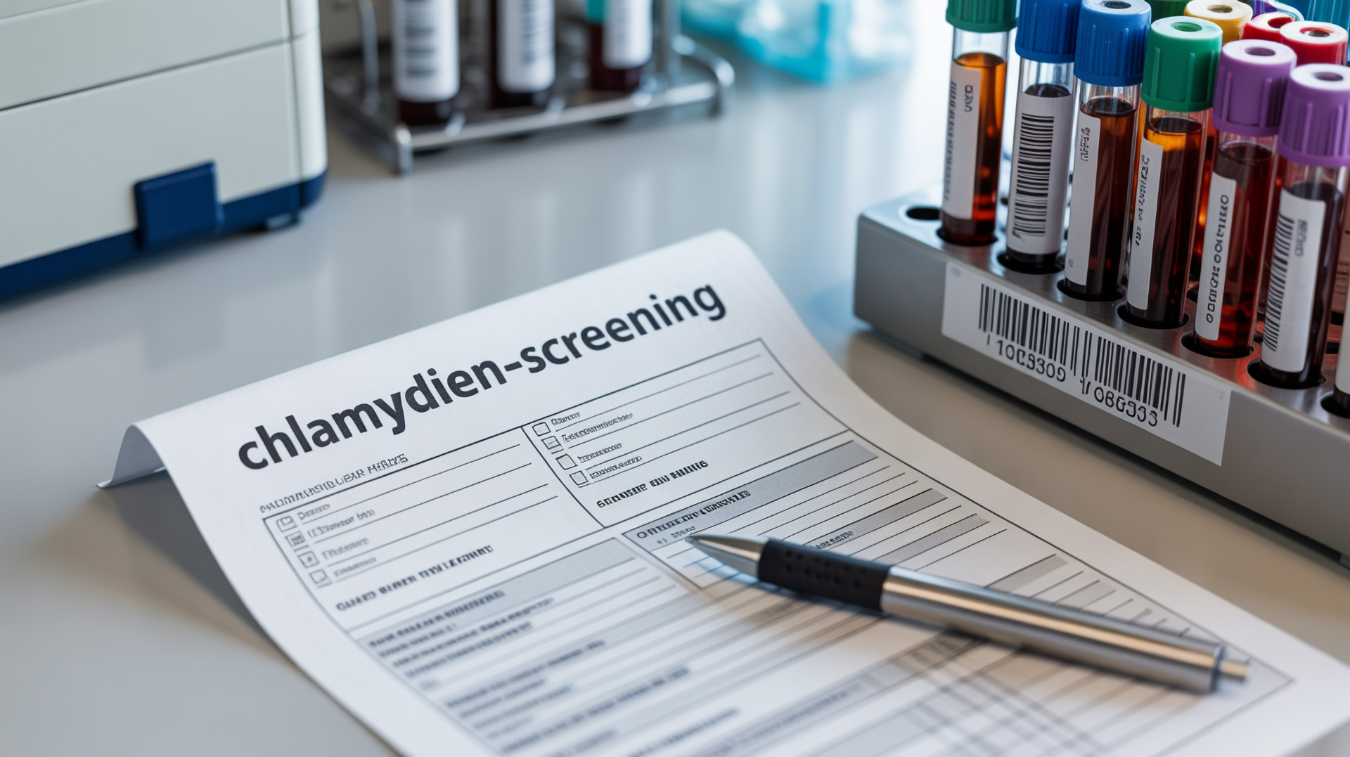 Chlamydien-Screening Formular auf Labortisch mit Probenröhrchen
