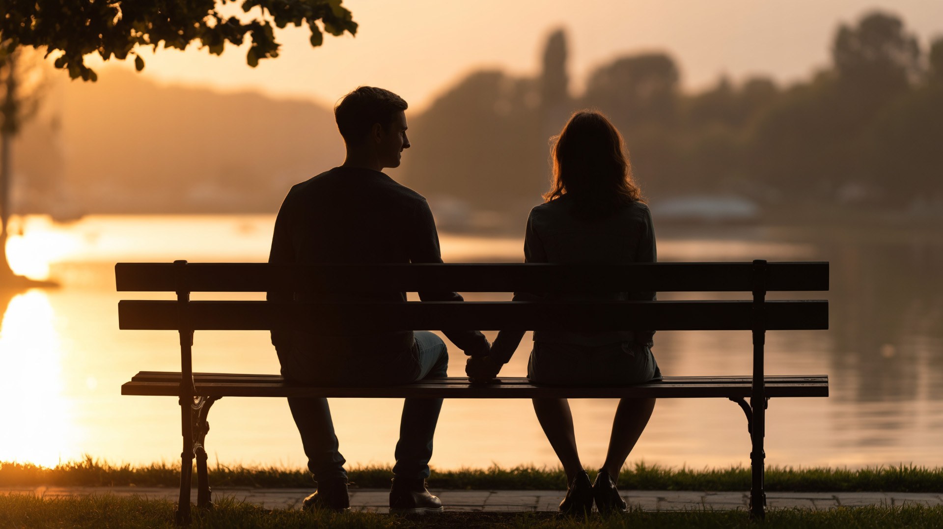 Paar-Silhouetten bei Sonnenuntergang symbolisieren Vertrauen