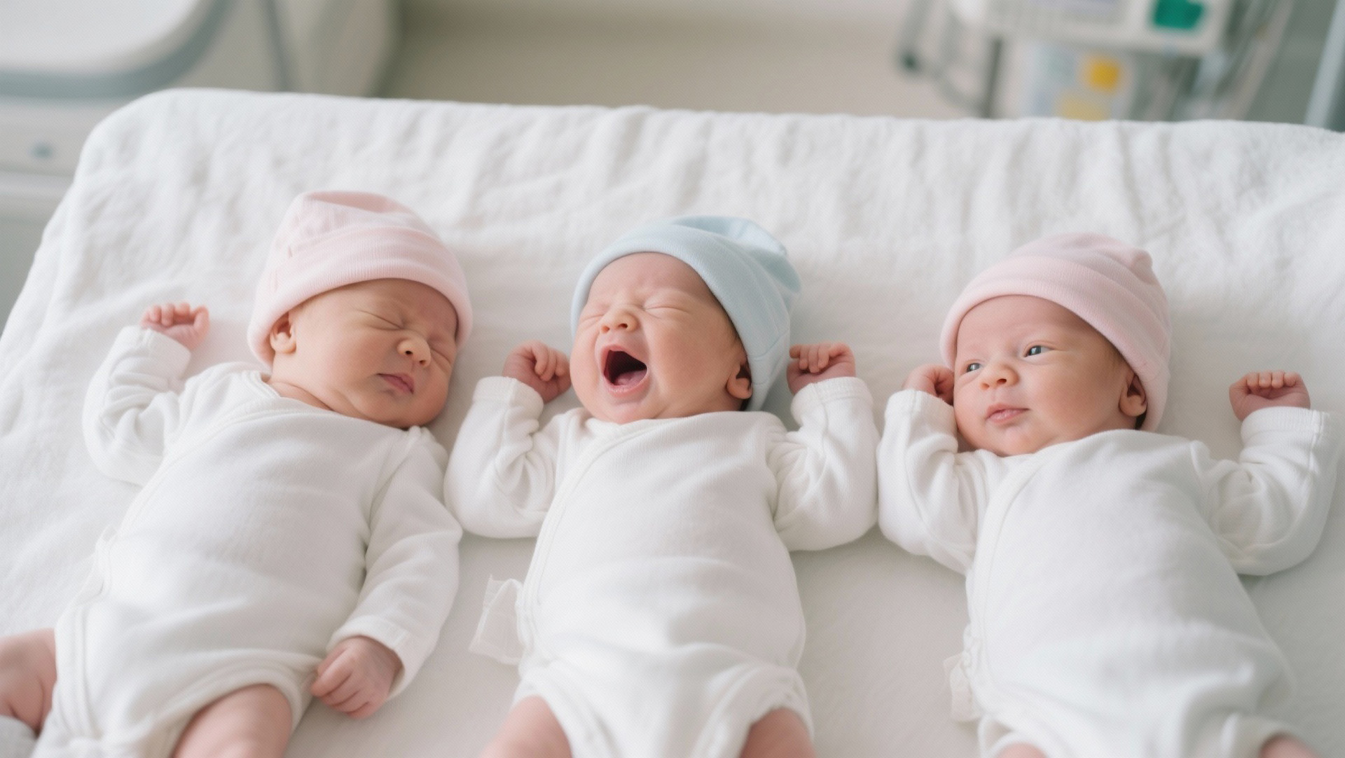 Drei neugeborene Drillinge liegen nebeneinander im Krankenhaus