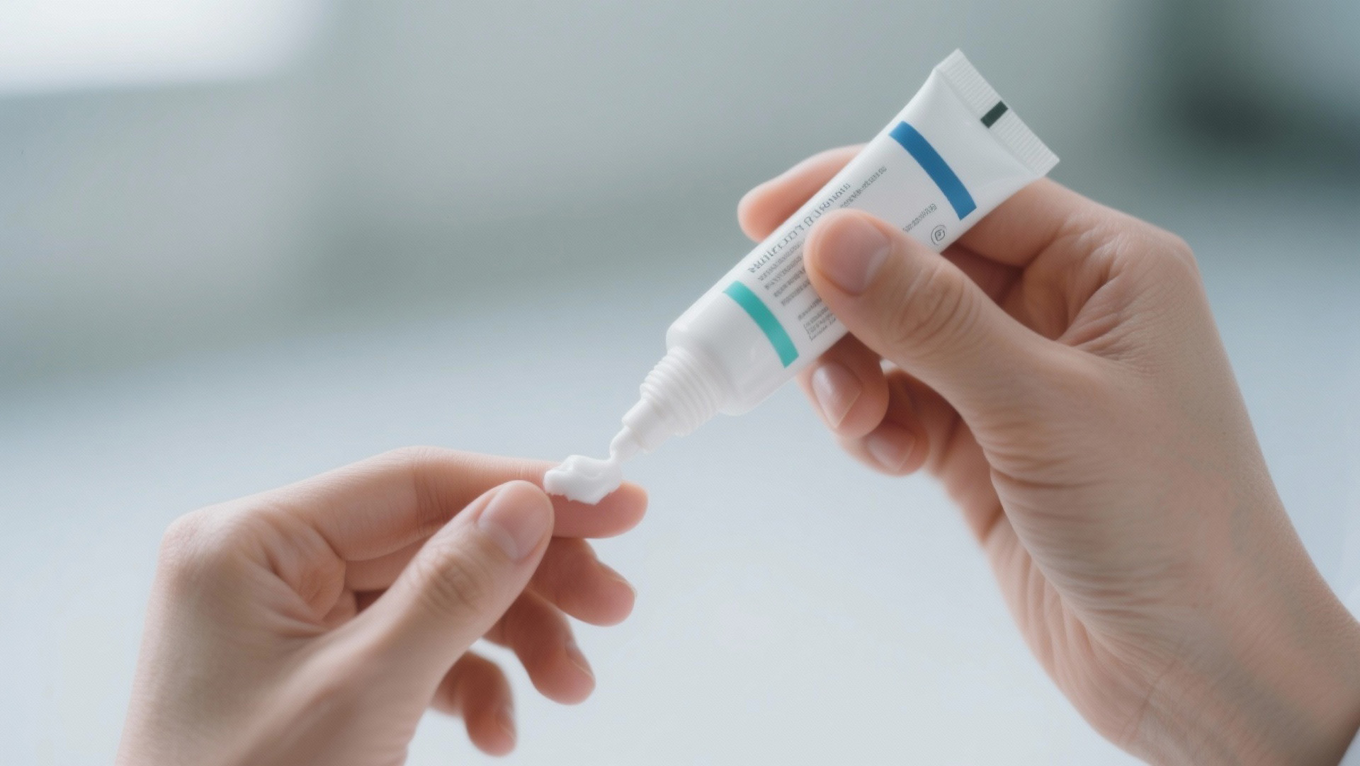 Hand drückt medizinische Salbe aus Tube auf Fingerspitze