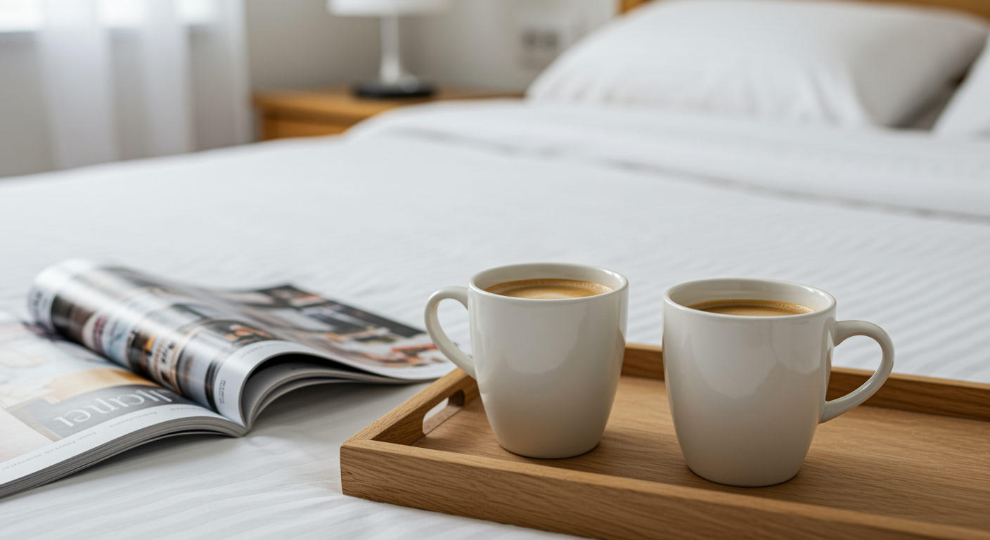 Zwei Kaffeetassen auf Betttablett im modernen Schlafzimmer