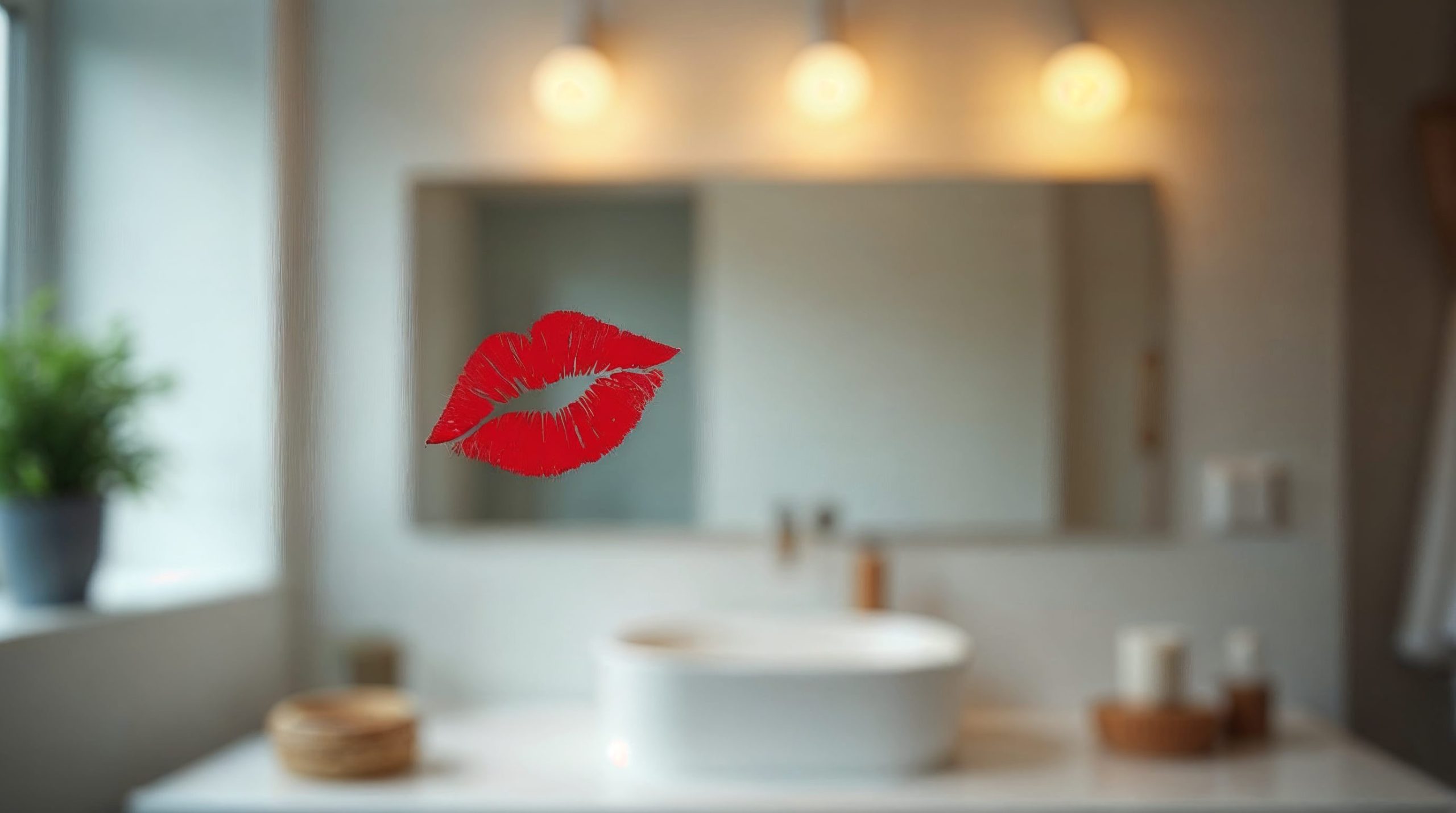 Roter Lippenstiftkuss auf modernem Badezimmerspiegel