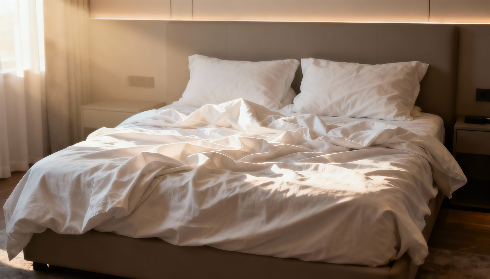 Zerwühltes Bett mit zerknitterten weißen Laken