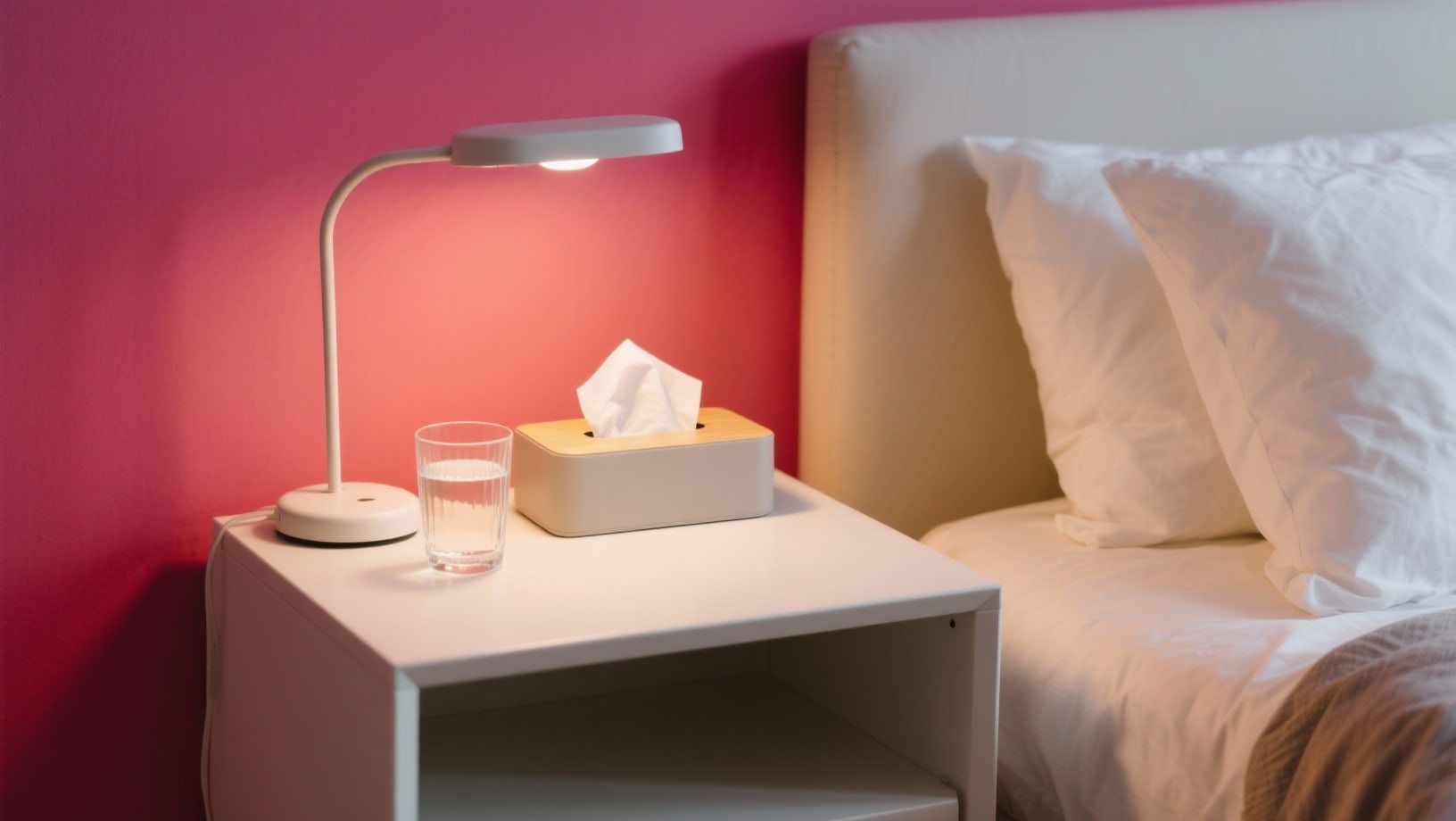 Nachttisch mit Wasserglas und Taschentüchern im warmen Lampenlicht