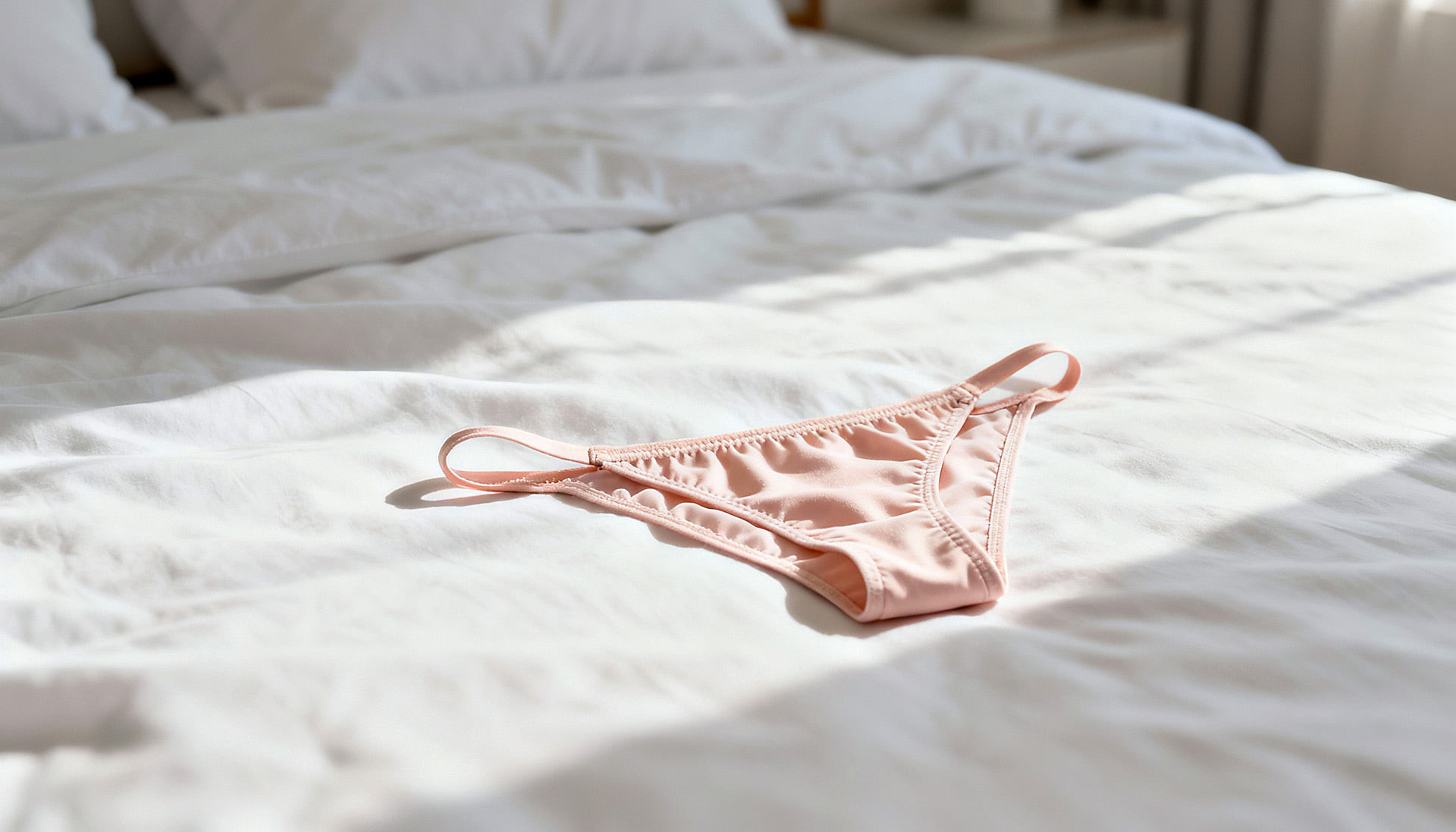 Frische Damenunterwäsche auf weißem Bett im Morgenlicht