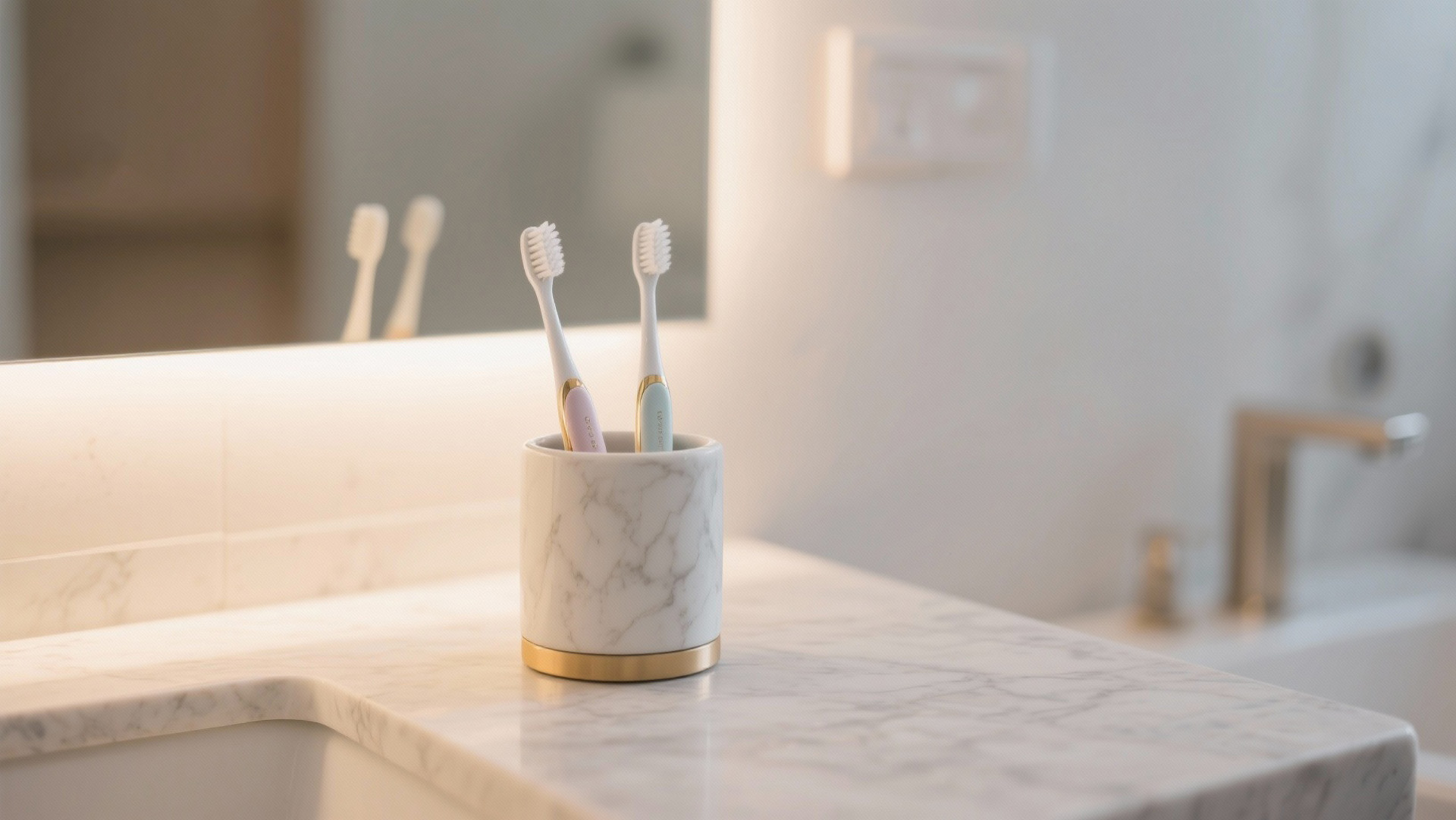 Zwei Zahnbürsten in modernem Badezimmerhalter